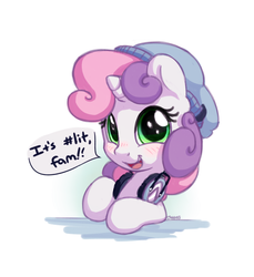 Size: 1100x1200 | Tagged: safe, artist:bobdude0, sweetie belle, pony, unicorn, g4, beanie, blushing, cute, diasweetes, eye shimmer, fam, female, filly, happy, hashtag, hat, headphones, lit, looking at you, meme, simple background, smiling, solo, speech bubble, white background
