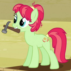 Size: 434x434 | Tagged: safe, screencap, apple dumpling, earth pony, pony, apple family reunion, g4, apple family member, background pony, cropped, female, hammer, mare, mouth hold, solo
