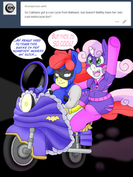 Size: 2252x3001 | Tagged: safe, artist:blackbewhite2k7, apple bloom, sweetie belle, earth pony, pony, unicorn, g4, annoyed, batfilly, batgirl, batman, blush sticker, blushing, catfilly, catgirl (dc), crossover, excited, high res, kitrina falcone, motorcycle, open mouth, open smile, riding, smiling, sweat, sweatdrop