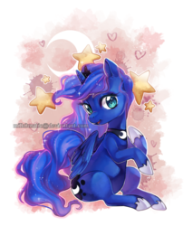 Size: 3324x3910 | Tagged: dead source, useless source url, safe, artist:marejestic, princess luna, pony, g4, chibi, cute, female, high res, looking at you, lunabetes, sitting, solo, turned head, watermark