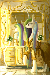 Size: 886x1330 | Tagged: safe, artist:plainoasis, princess celestia, pony, g4, bathrobe, cabinet, clothes, female, loose hair, mirror, missing accessory, raised hoof, reflection, robe, sad, solo