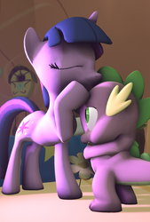 Size: 2160x3200 | Tagged: safe, artist:viranimation, spike, twilight sparkle, dragon, pony, unicorn, g4, 3d, cute, high res, male, ship:twispike, shipping, source filmmaker, spikelove, straight, weapons-grade cute