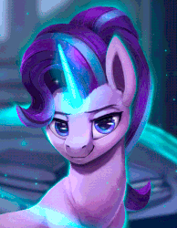 Size: 504x650 | Tagged: safe, artist:rodrigues404, starlight glimmer, pony, unicorn, g4, animated, book, cinemagraph, female, gif, glowing horn, horn, lidded eyes, looking at you, magic, magic aura, mare, perfect loop, realistic, smiling, smirk, solo, sparkles