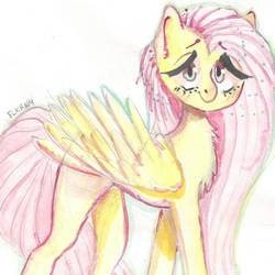 Size: 1289x1288 | Tagged: safe, artist:freshleaveskrnm, fluttershy, pony, g4, blushing, chest fluff, female, folded wings, looking at you, simple background, solo, traditional art