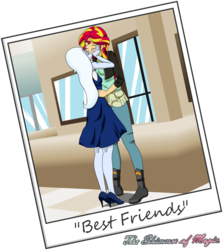Size: 955x1070 | Tagged: safe, artist:deltalima, sunset shimmer, trixie, equestria girls, g4, best friends, building, clothes, dress, duo, eyes closed, female, high heels, jacket, kissing, leather jacket, lesbian, pants, photo, ship:suntrix, shipping, size difference