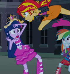 Size: 731x768 | Tagged: safe, screencap, rainbow dash, sunset shimmer, twilight sparkle, equestria girls, g4, my little pony equestria girls, angry, armpits, bare shoulders, big crown thingy, boots, clothes, cropped, crown, dress, fall formal outfits, female, high heel boots, jacket, jewelry, legs, regalia, skirt, sleeveless, sleeveless dress, strapless, twilight ball dress