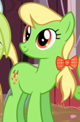 Size: 290x440 | Tagged: safe, screencap, apple munchies, earth pony, pony, g4, the last roundup, apple family member, background pony, bow, cropped, female, hair bow, mare, munchabetes, smiling, solo