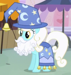 Size: 268x284 | Tagged: safe, screencap, serena, earth pony, pony, g4, three's a crowd, background pony, bells, clothes, costume, cropped, fake beard, female, hat, mare, solo, star swirl the bearded costume, wizard hat