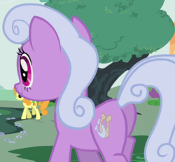 Size: 600x555 | Tagged: safe, screencap, carrot top, golden harvest, lilac links, earth pony, pony, g4, the show stoppers, background pony, butt, cropped, cute, female, lilac adoralinks, mare, plot, solo focus
