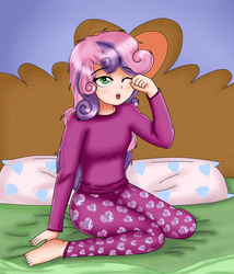 Size: 1800x2100 | Tagged: safe, artist:focusb, sweetie belle, human, g4, barefoot, bed, clothes, feet, female, humanized, kneeling, messy hair, morning ponies, one eye closed, pajamas, sleepy, solo, yawn