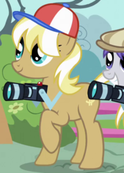 Size: 400x560 | Tagged: safe, screencap, long shot, snappy scoop, earth pony, pony, g4, green isn't your color, background pony, baseball cap, camera, cap, cropped, female, hat, mare, raised hoof, solo focus