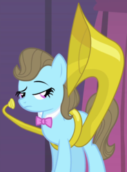 Size: 642x870 | Tagged: safe, screencap, beauty brass, pony, g4, the best night ever, aside glance, background pony, bowtie, cropped, female, mare, musical instrument, raised eyebrow, solo, sousaphone, tuba