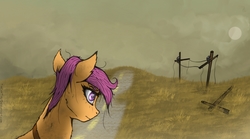 Size: 1218x677 | Tagged: safe, artist:tincantim, scootaloo, pegasus, pony, g4, apocalypse, cloud, female, flying, happy, haze, in awe, solo