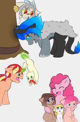 Size: 1600x2426 | Tagged: safe, artist:jolliapplegirl, pinkie pie, oc, oc:acheron, oc:anansi, oc:chocolate cheesecake, oc:honey brie, oc:parfait, oc:sweet deal, draconequus, earth pony, hybrid, pony, unicorn, g4, adopted offspring, brothers, family, interspecies offspring, mane of fire, next generation, offspring, parent:applejack, parent:cheese sandwich, parent:discord, parent:flim, parent:fluttershy, parent:iron will, parent:king sombra, parent:lord tirek, parent:pinkie pie, parent:zecora, parents:canon x oc, parents:cheesepie, parents:flimjack, parents:zecord, sibling rivalry, siblings