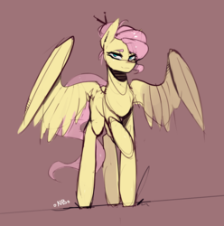 Size: 1874x1886 | Tagged: safe, artist:novabytes, fluttershy, pegasus, pony, g4, alternate hairstyle, brown background, female, hair bun, looking at you, mare, raised hoof, signature, simple background, smiling, solo