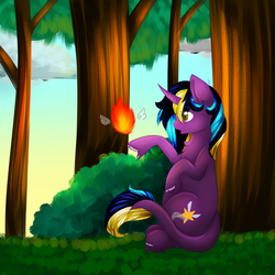 Size: 1000x1000 | Tagged: safe, artist:twinkepaint, oc, oc only, pony, unicorn, curved horn, female, fire, forest, horn, mare, solo