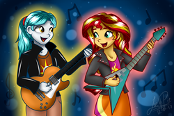 Size: 1800x1200 | Tagged: safe, artist:jack-pie, sunset shimmer, oc, equestria girls, g4, bass guitar, clothes, cute, electric guitar, equestria girls-ified, flying v, guitar, guitar pick, jacket, leather jacket, music notes, musical instrument, open mouth, playing, ponytail, rock (music), signature, skirt, sunset shredder