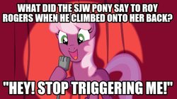 Size: 430x241 | Tagged: safe, cheerilee, earth pony, pony, g4, cheerilee pun, exploitable meme, female, meme, pun, social justice warrior, solo, triggered