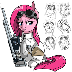 Size: 1024x1024 | Tagged: safe, artist:witchtaunter, pinkie pie, earth pony, pony, g4, angry, clothes, crossover, doctor horrible, expressions, female, floppy ears, frown, gloves, goggles, gritted teeth, gun, happy, lab coat, pinkamena diane pie, simple background, sitting, smiling, solo, tired, unamused, weapon, white background