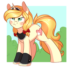 Size: 1024x958 | Tagged: safe, artist:daydreamsyndrom, oc, oc only, oc:vive, pony, unicorn, angry, bow, cuffs (clothes), cute, female, hair bow, madorable, mare, pouting, solo