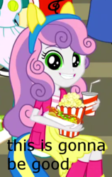 Size: 275x435 | Tagged: safe, edit, edited screencap, screencap, sweetie belle, equestria girls, g4, my little pony equestria girls: friendship games, cropped, dis gon b gud, female, food, hot dog, image macro, meat, meme, popcorn, reaction image, sausage, soda, solo