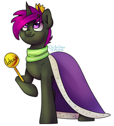 Size: 621x686 | Tagged: safe, artist:chibadeer, oc, oc only, pony, unicorn, clothes, crown, female, ideas, jewelry, mare, regalia, robe, scarf, scepter, simple background, solo, white background
