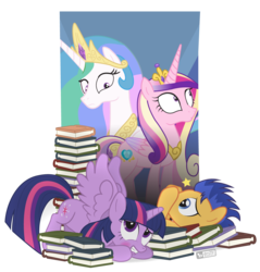 Size: 1075x1125 | Tagged: safe, artist:dm29, flash sentry, princess cadance, princess celestia, twilight sparkle, alicorn, pony, g4, blushing, book, embarrassed, spread wings, twilight sparkle (alicorn)