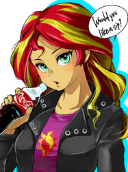 Size: 590x787 | Tagged: safe, artist:aruba, sunset shimmer, equestria girls, g4, blushing, clothes, coca-cola, dialogue, female, jacket, leather jacket, looking at you, open mouth, pixiv, simple background, solo, white background