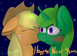 Size: 1024x752 | Tagged: safe, artist:limedreaming, applejack, oc, oc:lime dream, g4, blushing, canon x oc, female, horn, horngasm, kissing, lesbian, new year, night, orgasm, shipping