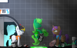 Size: 3492x2175 | Tagged: safe, artist:limedreaming, oc, oc only, oc:cypher wave, oc:lime dream, oc:star ray, earth pony, pony, unicorn, clothes, crossover, female, high res, long fall horseshoe, magic, male, mare, portal (valve), portal gun, stallion