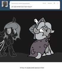 Size: 666x795 | Tagged: safe, artist:egophiliac, princess luna, oc, oc:imogen, oc:pebbl, changeling, changeling queen, moonstuck, g4, cartographer's cap, changeling oc, changeling queen oc, female, filly, grayscale, hat, hole, marauder's mantle, monochrome, moon roc, raised hoof, scared, woona, younger