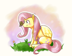 Size: 900x700 | Tagged: safe, artist:shichiro, fluttershy, butterfly, g4, butterfly on nose, flower, insect on nose, pixiv, sitting, smiling