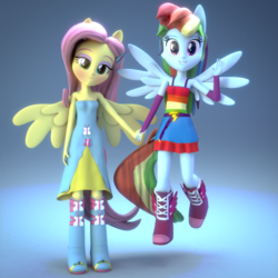 Size: 1920x1920 | Tagged: safe, artist:efk-san, fluttershy, rainbow dash, equestria girls, g4, 3d, blender, blushing, boots, clothes, cute, dress, fall formal outfits, flying, gradient background, grin, high heel boots, holding hands, implied flutterdash, implied lesbian, implied shipping, lidded eyes, ponied up, ponytail, short dress, sleeveless, smiling, spread wings, strapless, wings
