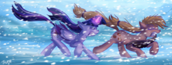 Size: 1280x480 | Tagged: dead source, safe, artist:jowyb, applejack, twilight sparkle, alicorn, earth pony, pony, twijack weekly, g4, blizzard, duo, duo female, eyes closed, female, glowing horn, gritted teeth, horn, mare, mouth hold, snow, snowfall, twilight sparkle (alicorn), windswept mane