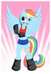 Size: 1732x2500 | Tagged: safe, artist:humite-ubie, rainbow dash, pegasus, anthro, unguligrade anthro, g4, alternative cutie mark placement, arm hooves, bandage, bandaid, belly button, clothes, female, gradient background, hoof glove, midriff, socks, solo, sports shorts, spread wings, tank top, tattoo