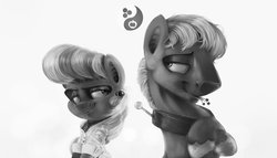 Size: 3000x1716 | Tagged: safe, artist:v747, big macintosh, cheerilee, earth pony, pony, g4, eye contact, grayscale, looking at each other, male, monochrome, ship:cheerimac, shipping, stallion, straight