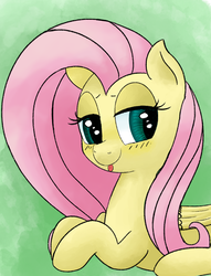 Size: 1273x1669 | Tagged: safe, artist:mang, fluttershy, pony, g4, blushing, cute, female, looking at you, prone, simple background, solo, tongue out