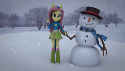 Size: 3840x2160 | Tagged: safe, artist:efk-san, fluttershy, equestria girls, g4, 3d, boots, clothes, cute, fake tail, female, hat, high heel boots, high res, pony ears, scarf, snow, snowman, socks, solo, tree, waving, wondercolts, wondercolts uniform