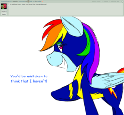 Size: 1024x954 | Tagged: safe, artist:yogfan, rainbow dash, pony, g4, ask, clothes, deviantart, female, grin, simple background, smiling, solo, transparent background, wonderbolts uniform