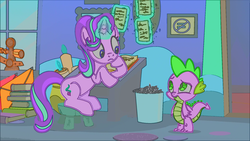 Size: 1920x1080 | Tagged: safe, edit, edited screencap, screencap, spike, starlight glimmer, every little thing she does, g4, levitation, magic, starlight's room, telekinesis