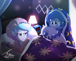 Size: 1100x883 | Tagged: safe, artist:bluse, princess celestia, princess luna, principal celestia, vice principal luna, equestria girls, g4, alarm clock, blanket, clock, hat, lidded eyes, nightcap, pillow, scared, show accurate, woona, younger