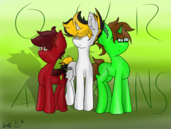 Size: 2048x1536 | Tagged: safe, artist:lotti, oc, oc only, oc:hoofy, oc:kozmos, oc:tune twister, bat pony, pony, unicorn, brohoof studios, fangs, group, group photo, text, textured background, wings