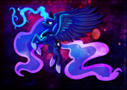 Size: 1257x891 | Tagged: safe, artist:thepipefox, princess luna, pony, g4, female, glowing horn, horn, magic, profile, solo, spread wings
