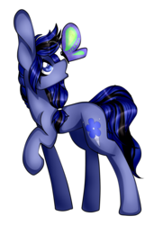 Size: 1024x1497 | Tagged: safe, artist:symphstudio, oc, oc only, oc:cotton blue, butterfly, earth pony, pony, female, mare, raised hoof, simple background, solo, transparent background