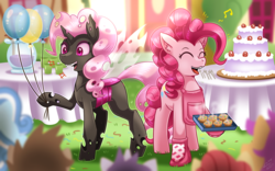 Size: 1500x936 | Tagged: safe, artist:vavacung, part of a set, pinkie pie, changeling, earth pony, pony, g4, apron, balloon, cake, changeling counterpart series, clothes, cupcake, cute, diapinkes, female, food, happy, hoof hold, mittens, part of a series, vavacung is trying to murder us