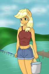 Size: 1024x1536 | Tagged: safe, artist:nwinter3, applejack, earth pony, anthro, g4, belly button, bucket, clothes, daisy dukes, female, fishing rod, hatless, midriff, missing accessory, shorts, solo, tank top