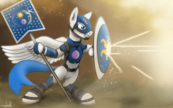 Size: 1920x1200 | Tagged: safe, artist:ahmadafadhil, pony, armory, avenger, battlefield, captain america, captain equestria, fanart, flag, flag of equestria, gunshots, marvel, shield, solo