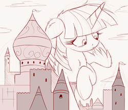 Size: 2500x2146 | Tagged: safe, artist:ncmares, twilight sparkle, alicorn, pony, g4, big-pon, castle, female, giant pony, giantess, high res, macro, monochrome, raised hoof, solo, twilight sparkle (alicorn)