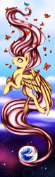 Size: 2048x6565 | Tagged: safe, artist:shkura2011, fluttershy, butterfly, pony, g4, female, flying, high res, looking up, planet, prehensile tail, profile, solo, spread wings