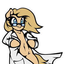 Size: 1280x1130 | Tagged: safe, artist:slavedemorto, oc, oc only, oc:backy, pony, belly button, bipedal, clothes, featureless crotch, female, glasses, lab coat, solo, strategically covered, undressing